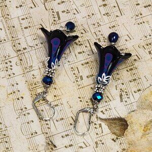 Dark Blue Purple Hand Painted Lucite Teal Dots Earrings